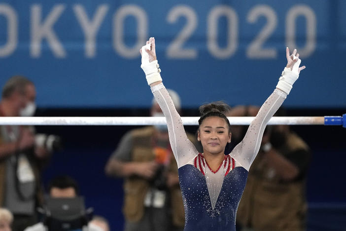 U.S. gymnast Sunisa Lee finishes on the uneven bars during the gymnastics women's all-around final at the Summer Olympics on Thursday.