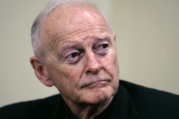 In this May 16, 2006 file photo former Washington Archbishop Theodore McCarrick pauses during a press conference in Washington. McCarrick, the once-influential cardinal who was defrocked after a Vatican investigation confirmed he had sexually molested adults as well as children, has been charged with sexually assaulting a 16-year-old boy during a wedding reception in the 1970s.