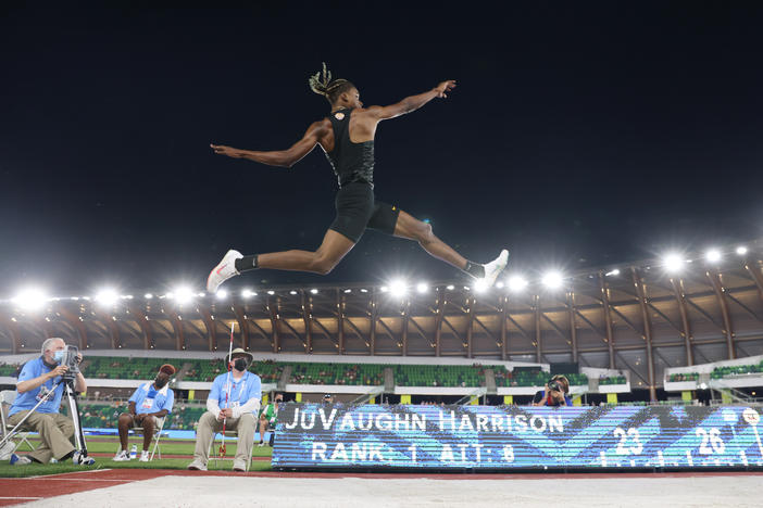 JuVaughn Harrison competes in the men's long jump final at the Olympic trials in June. He'll compete in both the long jump and high jump in the Olympics.