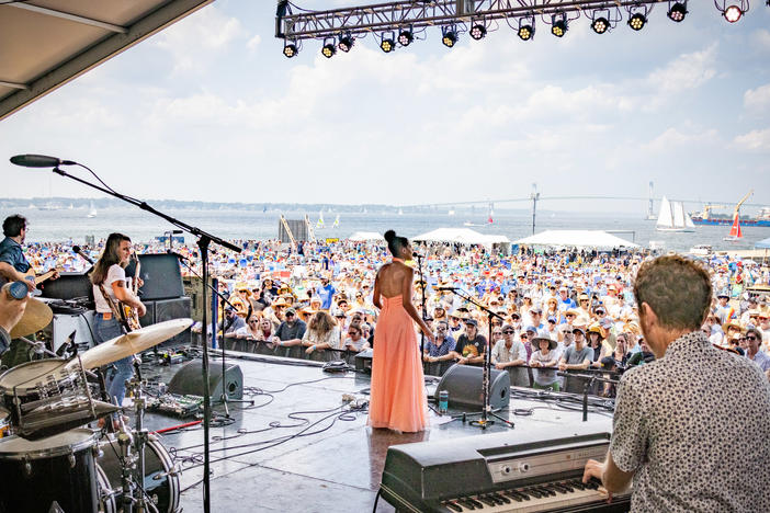 Allison Russell, center, performs during day five of the 2021 Newport Folk Festival on July 27, 2021 in Newport, R.I.