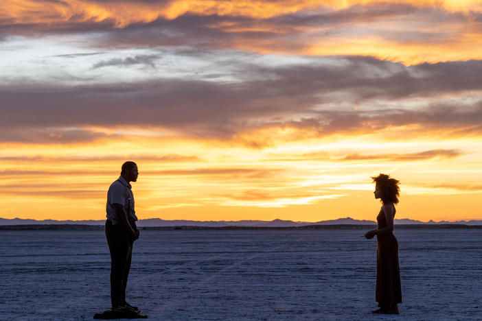 Winston Duke (left) and Zazie Beetz in a realm where souls are auditioned for life on Earth in <em>Nine Days.</em>