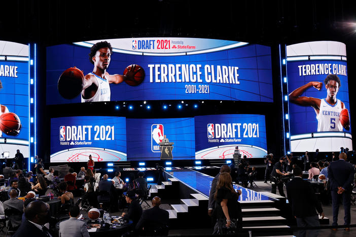 NBA Commissioner Adam Silver gives a memorial in honor of Terrence Clarke on Thursday during the 2021 NBA Draft at the Barclays Center in New York City.