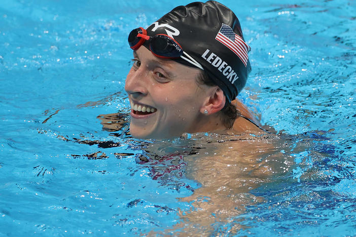 Katie Ledecky of Team USA reacts after winning gold in the women's 800-meter freestyle at the Tokyo Aquatics Centre on Saturday.