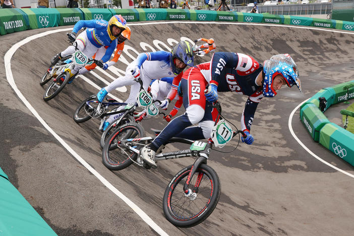 Connor Fields, of Team USA, leads the pack in a Men's BMX semifinal on Friday. He crashed not long after and was taken to the hospital.