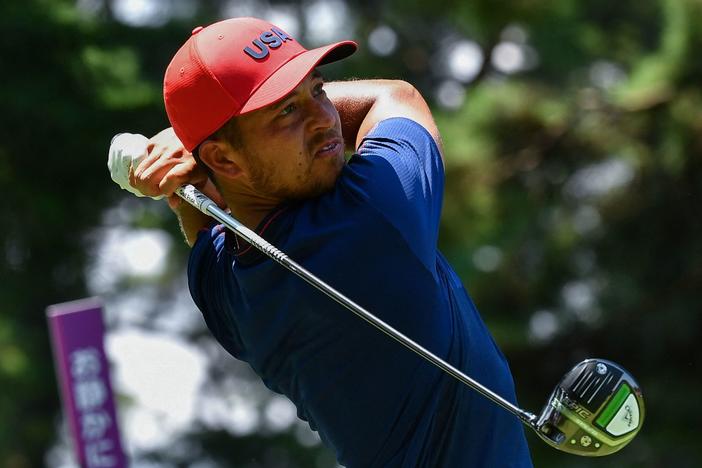 USA's Xander Schauffele watches his drive from the 5th tee in the final round of the men's golf tournament during the Tokyo Olympics on Sunday.