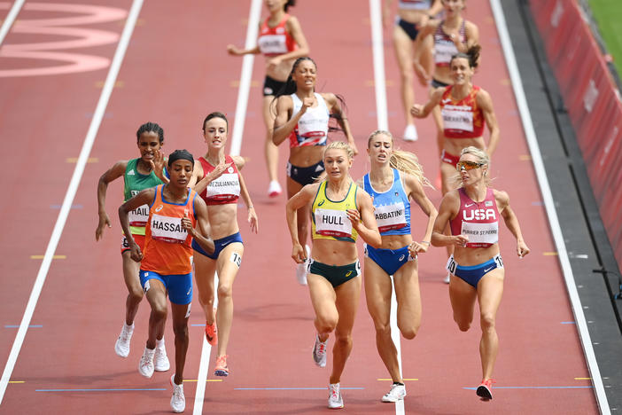 Dutch athlete Sifan Hassan wins the race in the first round of women's 1,500 meter heats at the Tokyo Olympics on Monday.