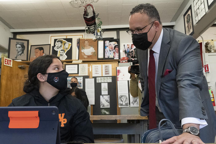 U.S. Education Secretary Miguel Cardona visits White Plains High School in White Plains, N.Y., on April 22.