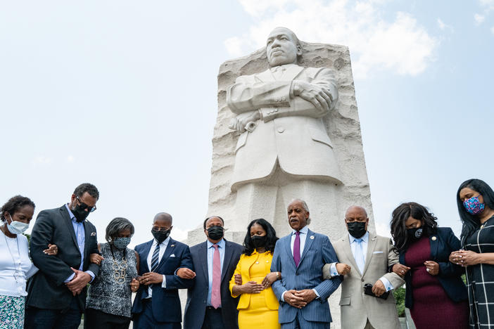 Civil rights leaders and members of the Texas Legislature last week at the Martin Luther King Jr. Memorial in Washington, D.C. They were meeting to discuss actions to stop restrictive voting measures.