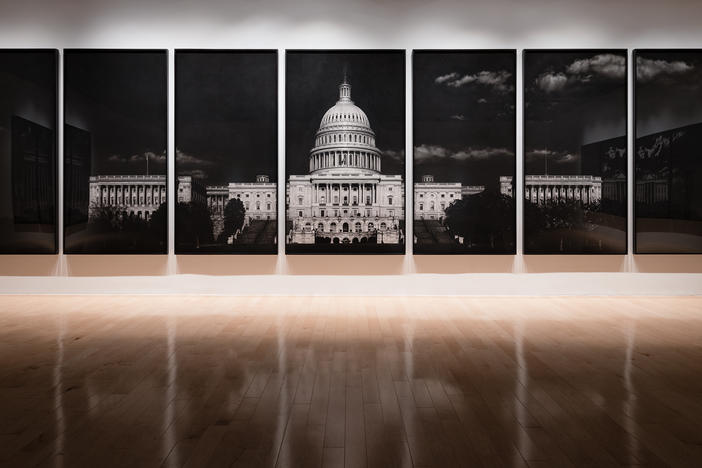 Robert Longo,<em> Untitled (Capitol)</em>, 2012-2013. Charcoal on mounted paper. Installation image by Lance Gerber for the Palm Springs Art Museum's exhibition <em>Storm of Hope: Law & Disorder</em>.