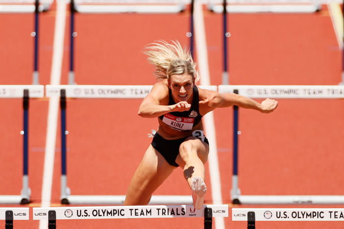 Annie Kunz in the women's heptathlon 100-meter hurdles during the Olympic trials in Eugene, Ore., in June. Building her training regimen around recent findings from sex-specific sports medicine research has made a difference in her performance, says Kunz, who is competing at the Tokyo Olympics.