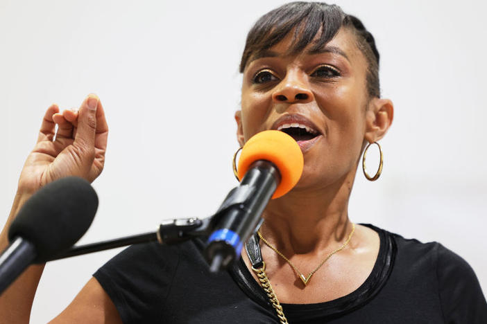 Cuyahoga County Councilwoman Shontel Brown speaks during a campaign event Saturday in Cleveland.
