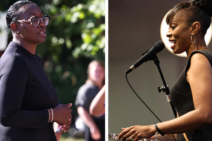 <strong>Left:</strong> Congressional candidate Nina Turner speaks during a 'Get Out the Vote' canvassing event on Monday in Cleveland, Ohio. <strong>Right:</strong> Cuyahoga Councilwoman and congressional candidate Shontel Brown speaks during a Souls to the Polls rally at Sanctuary Baptist Church on Sunday in Cleveland, Ohio.