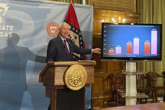 Arkansas Gov. Asa Hutchinson stands next to a chart displaying COVID-19 hospitalization data as he speaks at a news conference at the state Capitol in Little Rock, Ark., Thursday, July 29, 2021.