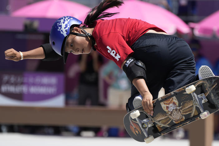 Sakura Yosozumi of Japan competes in the women's park skateboarding finals at the Summer Olympics on Wednesday. She won gold and continued Japan's dominance in the new sport.