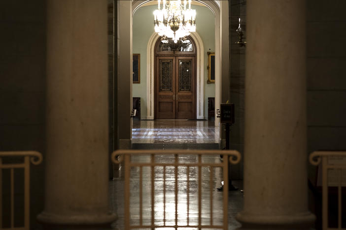 Empty hallways outside the U.S. Senate chamber, where the body will consider major pieces of legislation that could allocate trillions of dollars for infrastructure and other priorities.