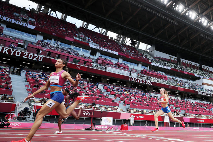 Sydney McLaughlin of the United States competes in the women's 400-meter hurdles final during the Olympic Games on Aug. 4 in Tokyo.