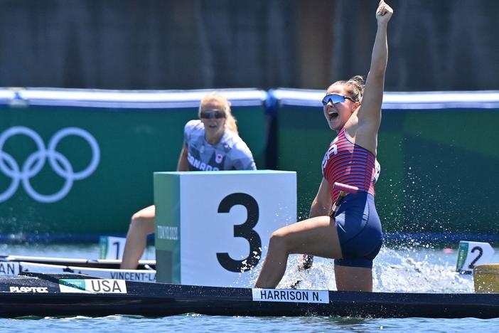 Nevin Harrison of the U.S. celebrates after winning gold in the women's canoe single 200-meter final during the Olympic Games at Sea Forest Waterway in Tokyo on Thursday.