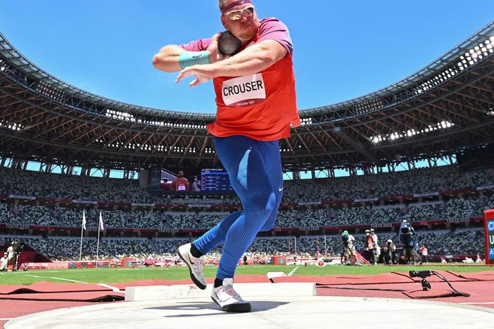 USA's Ryan Crouser competes in the men's shot put final during the Tokyo 2020 Olympic Games at the Olympic stadium on Thursday. Three of his six throws broke the Olympic record.