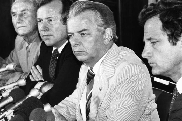 A bipartisanship group of senators — (from left) Strom Thurmond, R-S.C., Republican leader Howard Baker of Tennessee, Democratic leader Robert C. Byrd of West Virginia, and Birch Bayh, D-Ind. — hold a news conference in 1980.