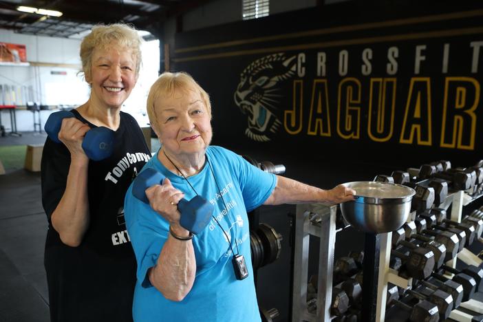Edith Murway (right) with her friend Carmen Gutworth at the gym. Gutworth convinced Murway to join her at the gym, which is how at 91 she got hooked on lifting.