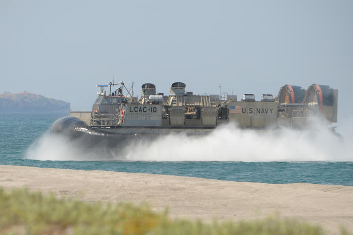 A U.S. Navy hovercraft prepares to hit the beach during amphibious-landing exercises as part of an annual joint U.S.-Philippine military exercise on the shores of San Antonio, facing the South China Sea, in Zambales province, Philippines, on April 11, 2019.