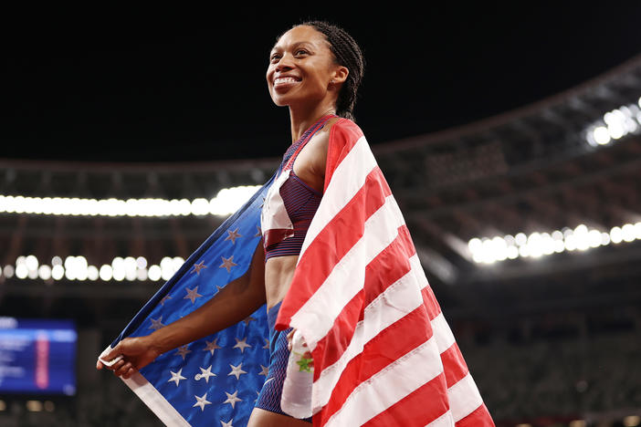 Allyson Felix of Team USA celebrates after winning the bronze medal in the women's 400-meter final at the Tokyo Olympic Games on Friday.