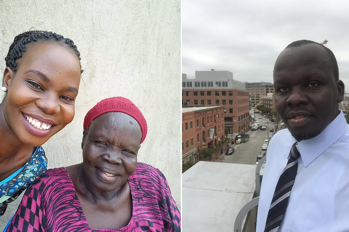 Elizabeth (in purple), who lives in South Sudan, is undecided about getting a COVID vaccine. She's heard rumors that make her think it's not a good idea. Her daughter, Nancy, (left) is newly vaccinated. Her son, Dr. Edward Kenyi, is lobbying his "mum" to agree to the inoculation.