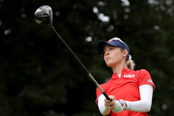 Nelly Korda of Team USA plays her shot from the 18th tee during the final round of the Women's Individual Stroke Play on Saturday at the Tokyo 2020 Olympic Games.