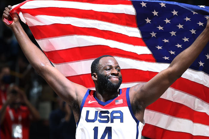 Draymond Green of Team USA celebrates following the U.S. victory over France in the Men's Basketball gold medal game on Saturday at the Tokyo 2020 Olympic Games.