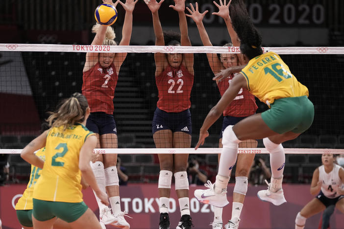 Brazil's Fernanda Rodrigues shoots while playing the United States during the gold medal match in women's volleyball at the 2020 Summer Olympics on Sunday.