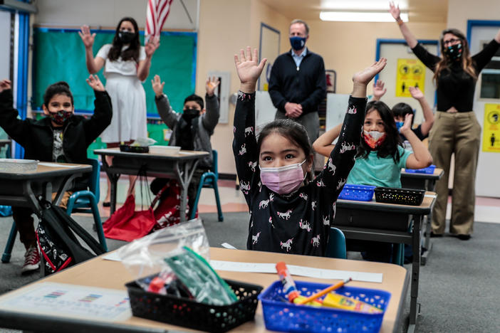 Kindergartner Allyson Zavala joined with other students and school superintendent Austin Buetner for a class selfie in April inside teacher Alicia Pizzi's classroom at Maurice Sendak Elementary School in North Hollywood, Calif.