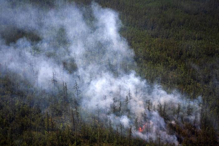 This aerial photo taken from an airplane on July 27 shows smoke rising from a forest fire outside the village of Berdigestyakh in Russia's Sakha Republic in northeastern Siberia.
