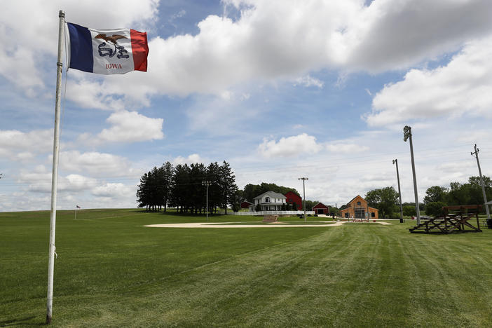 An Iowa flag waves over the field at the Field of Dreams movie site in Dyersville, Iowa, on June 5, 2020.