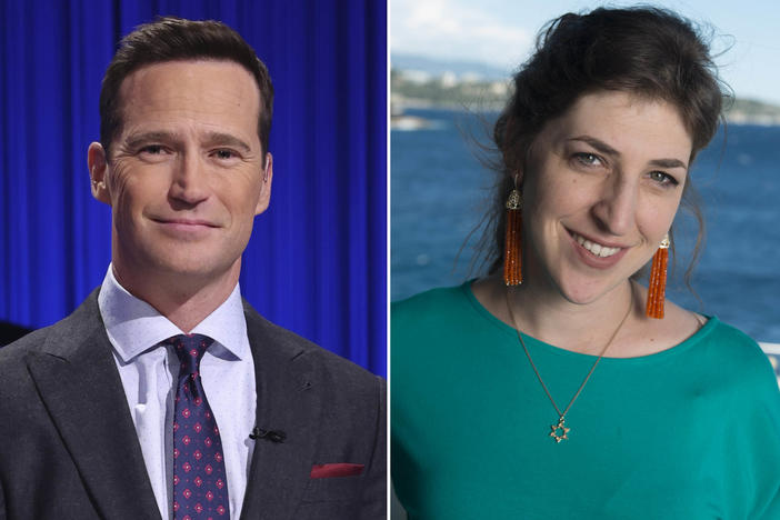 Mike Richards, left, and Mayim Bialik will co-host <em>Jeopardy!</em>