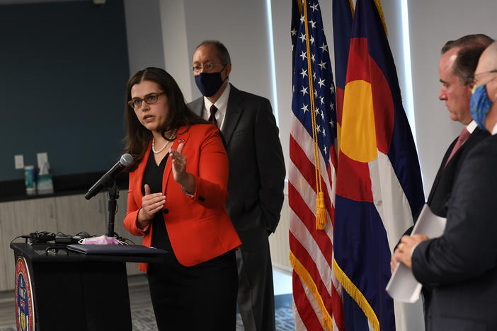 Colorado Secretary of State Jena Griswold speaks at a press conference about investigation into the Mesa County election breach, on Thursday in Denver.