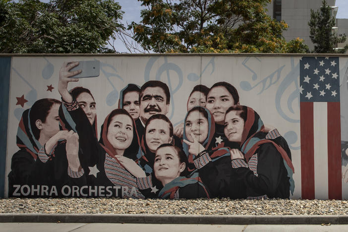 Murals are seen along the walls at a quiet U.S. Embassy on July 30 in Kabul, Afghanistan.