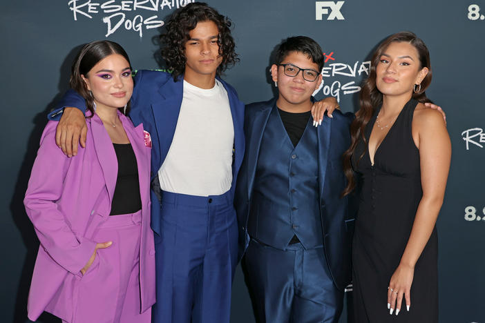 Devery Jacobs, D'Pharaoh Woon-A-Tai, Lane Factor, and Paulina Alexis (L-R) attend the premiere of FX's new comedy series "Reservation Dogs" at NeueHouse Los Angeles on August 5, 2021 in Hollywood, California. The show is being hailed as groundbreaking for Indigenous representation.