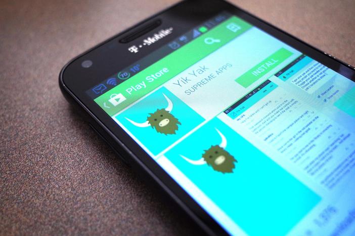 A new version of the Yik Yak app is only available currently in the Apple App Store in the United States. Here's a March 2014 photo illustration of the app in the Google Play store.