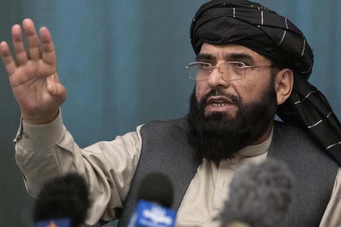 Suhail Shaheen, Afghan Taliban spokesman, speaks during a news conference in Moscow in March 2021.