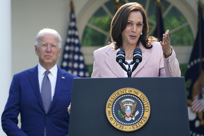 Vice President Harris, seen here in the White House Rose Garden earlier this month, will visit Singapore and Vietnam, her second foreign trip while in office.