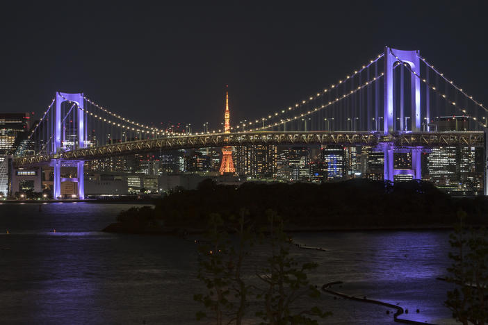 Tokyo's Rainbow Bridge is bathed in purple light on Thursday as part of the WeThe15 campaign.