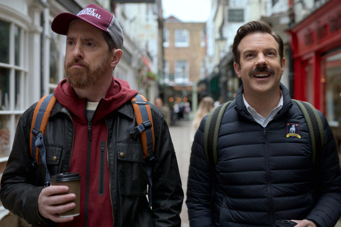 Brendan Hunt and Jason Sudeikis in <em>Ted Lasso</em>.