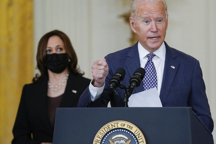 President Joe Biden, joined by Vice President Harris, speaks about the U.S. evacuation effort in Afghanistan at the White House on Friday.