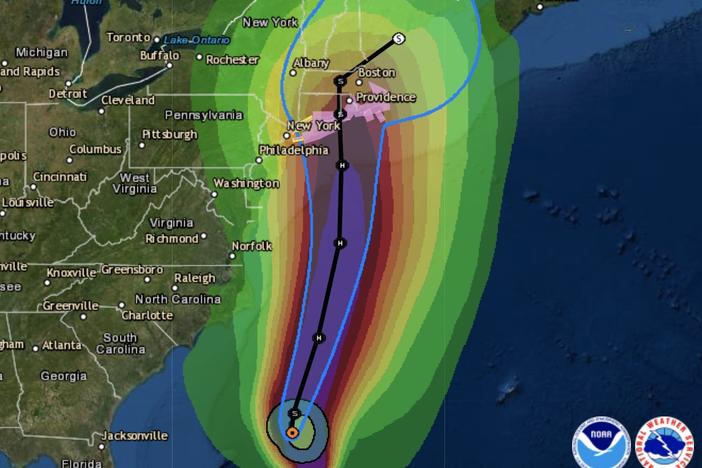 Tropical Storm Henri is predicted to become a hurricane before reaching the coast of southern New England. In this graphic, the bright colors depict the likely path of tropical-storm-force winds, which have a minimum threshold of 39 mph.