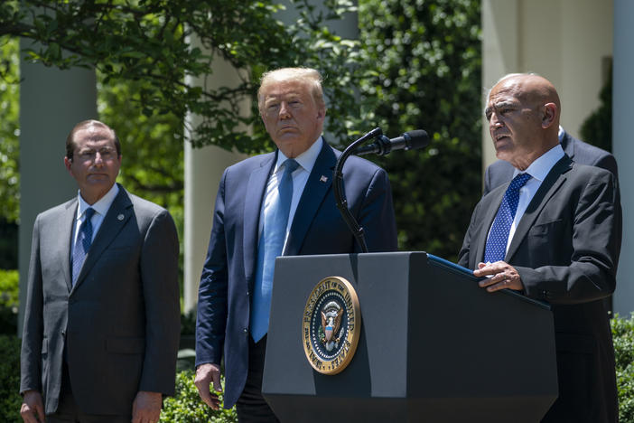 Then-Health and Human Services Secretary Alex Azar (left) and President Donald Trump listen as Moncef Slaoui of Operation Warp Speed speaks about the crash program to develop a COVID-19 vaccine in the White House Rose Garden in May 2020.