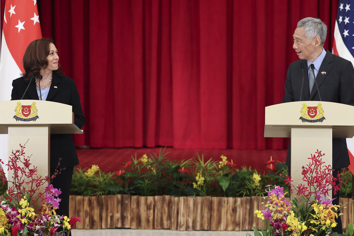 U.S. Vice President Kamala Harris, left, and Singapore's Prime Minister Lee Hsien Loong hold a joint news conference in Singapore Monday, Aug. 23, 2021.