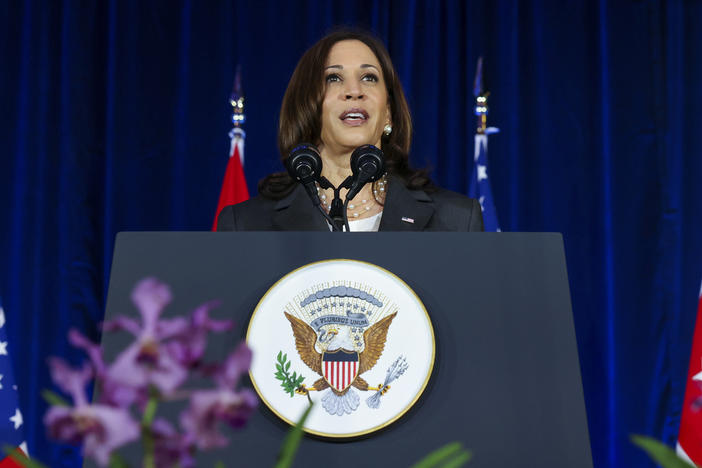 U.S. Vice President Kamala Harris delivers a speech at Gardens by the Bay in Singapore before departing for Vietnam on the second leg of her Southeast Asia trip, Tuesday, Aug. 24, 2021.