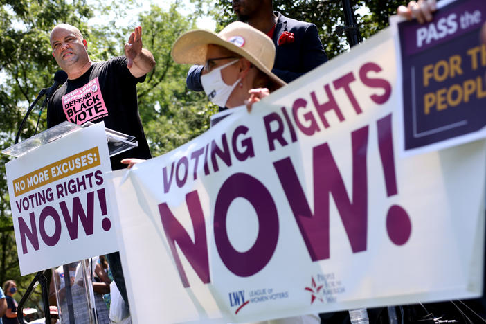 Civil rights leader Ben Jealous speaks at a voting rights rally outside the White House on Tuesday, ahead of a House vote to advance a bill named for the late Rep. John Lewis.