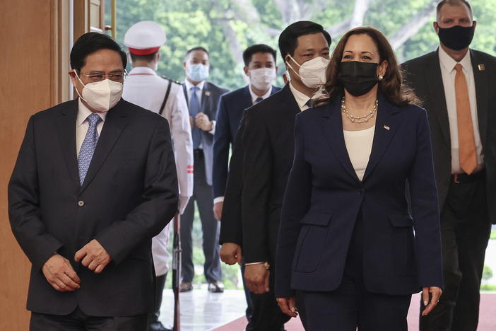 U.S. Vice President Kamala Harris meets Vietnam's Prime Minister Pham Minh Chinh at the Office of Government in Hanoi, Vietnam, Wednesday, Aug. 25, 2021.