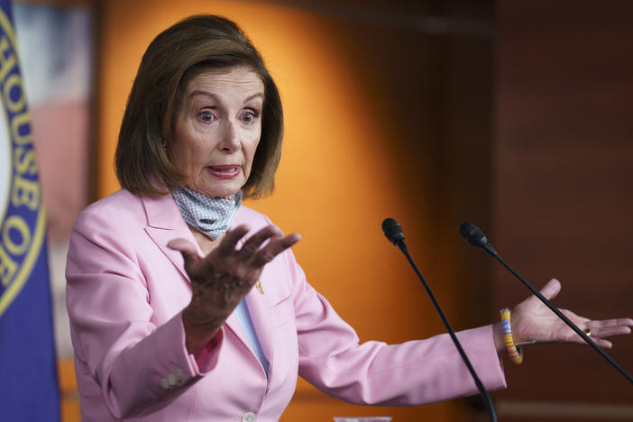 House Speaker Nancy Pelosi speaks at a Wednesday press conference at the U.S. Capitol. Pelosi said lawmakers divert resources from evacuations in Afghanistan by traveling to the region.